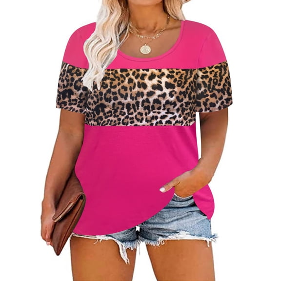 TIYOMI 3X Plus Size Tops For Women Leopard Tunics Short Sleeve Gaphic Summer Shirts Round Neck Color Block Blouses Hot Pink Casual Tees 3XL 22W 24W