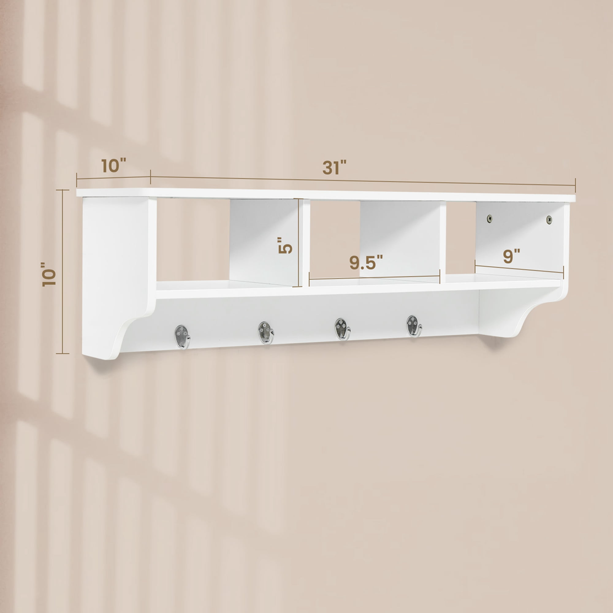 Costway Wooden Wall Mounted Coat Rack Hanging Cubby Organizer Storage Shelf with Hooks White