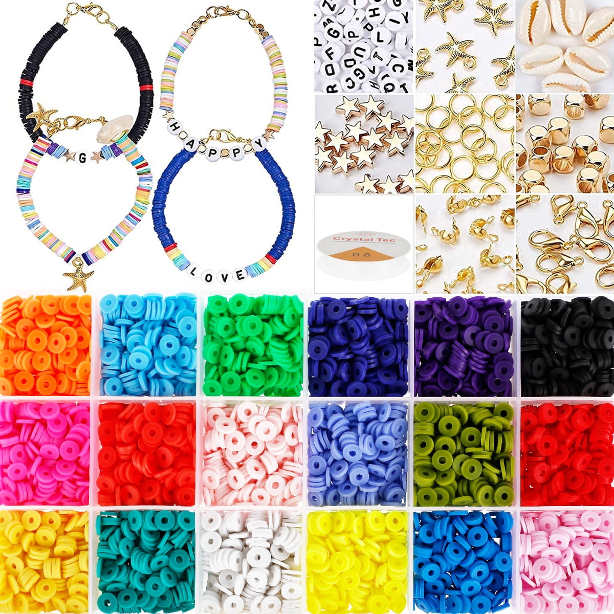 XTRAFUN 6000pcs Clay Beads Bracelet Kit - 24 Colors Flat Round Polymer Spacer Jewelry Making Include Pendant Charms Elastic String Necklace Heishi Letter