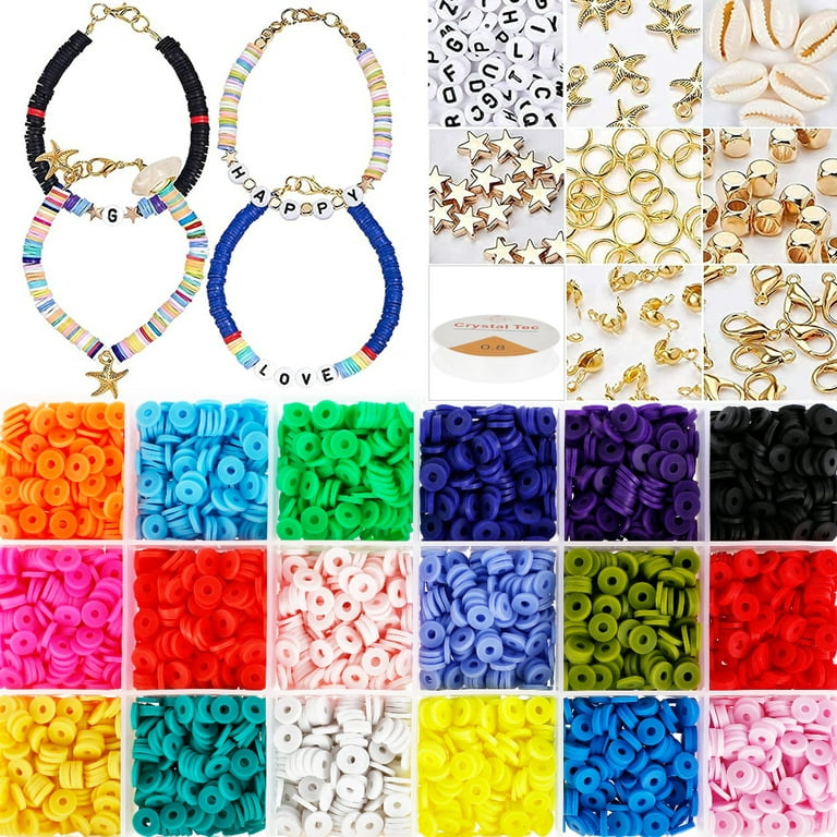 6000pcs Clay Beads Bracelet Kit - 24 Colors Flat Round Polymer Spacer  Jewelry Making Include Pendant Charms Elastic String Necklace Heishi Letter