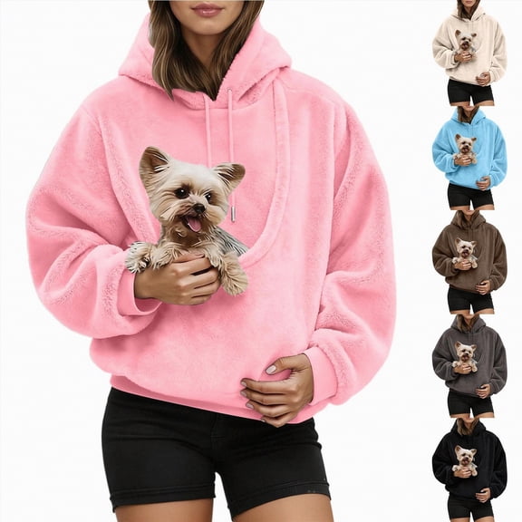 larppty Hoodie for Women With Dog Pouch Oversized Fleece Pet Hoodie Carrier Large Pocket Puppy Kitten Dogs Holder (Coffee, L)