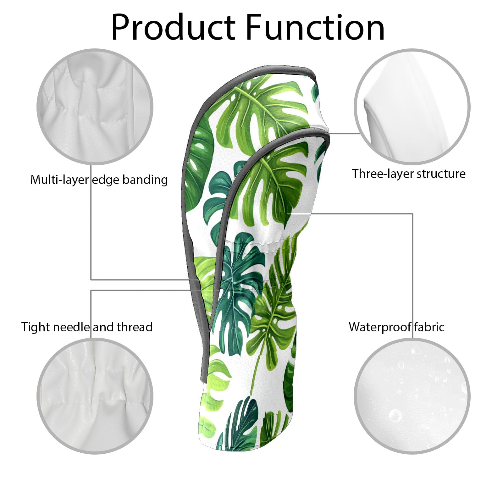 Golf Club Covers PU Leather Waterproof Head Covers for Fairway Woods Hybrids Green Leaves