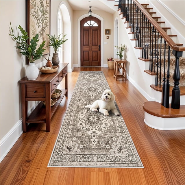 Washable Oriental Hallway Runner Rug - 3x12 Rugs for Living Room Soft Carpet for Bedroom Kitchen Waterproof Floral Distressed Indoor Stain Resistant Non-Shedding Floor Carpets (Beige, 3X12)