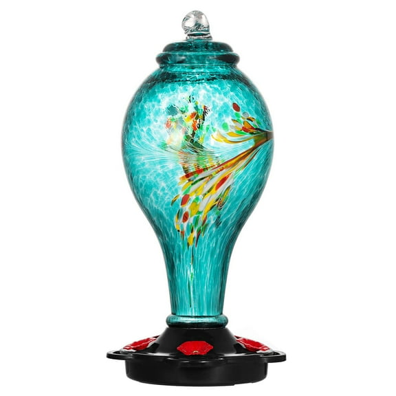LUJII Hummingbird Feeder, Hand Blown Glass Hummingbird Feeder, Never Fade, 36 Fluid Ounces, 5 Feeding Metal Stations, Much Bigger, Garden Backyard Decorative, Containing Ant Moat, Teal