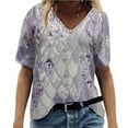thumbnail image 1 of CEHVOM T-Shirt à Col en V Imprimé pour Femmes, Manches Courtes, Tee Décontracté, Hauts, Blouse, 1 of 6