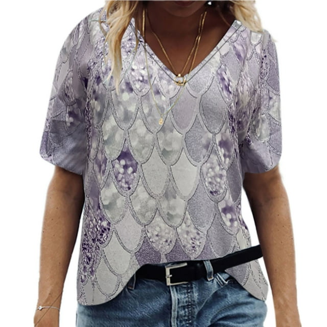 CEHVOM T-Shirt Mode Femme Imprimé Col en V Manches Courtes Décontracté