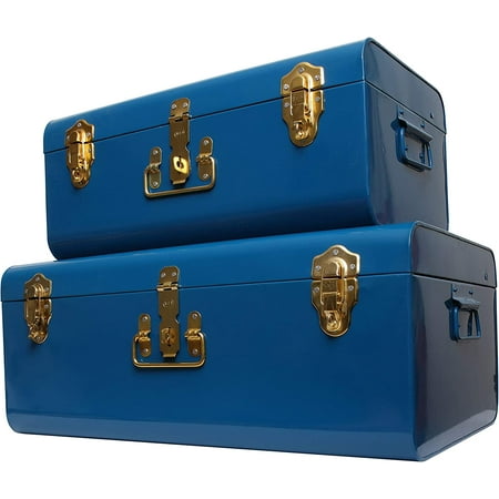 

BBNBDMZ Trunk Set - Vintage Style w/Gold Finish Handles & Locks - Space Saving Organizer Dorm & Office Use (Blue 2 Trunks)