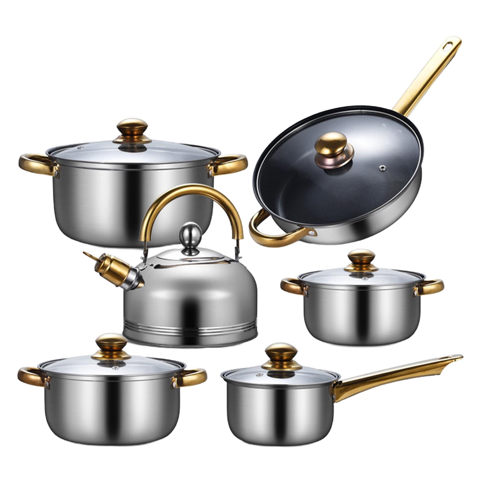 Nishiyuenyi 6x Pots and Pans Set Soup Pot with Glass Lid Nonstick Pan Cookware Set Stainless Pans with kettle