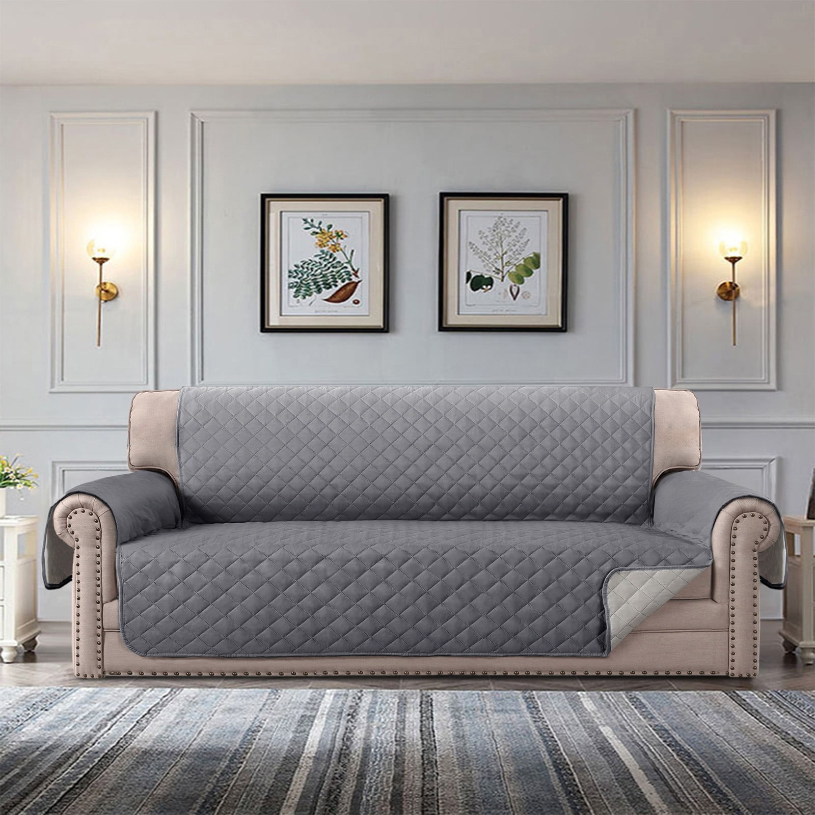 Quilted 3 Seater Sofa Cover Slipcover, Furniture Protector for Couch, Polyester Home Decor (Gray)