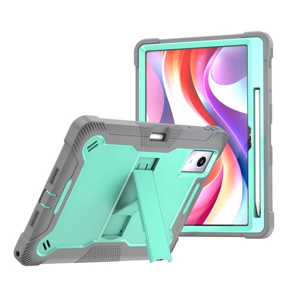 DWaybox Heavy Duty Case for Lenovo Idea Tab Plus 12.1 inch 2025 Model, 3-Layer Shockproof Armor Cover (Soft Silicone + Hard PC) with Kickstand & Pencil Holder -Gray + Mint Green