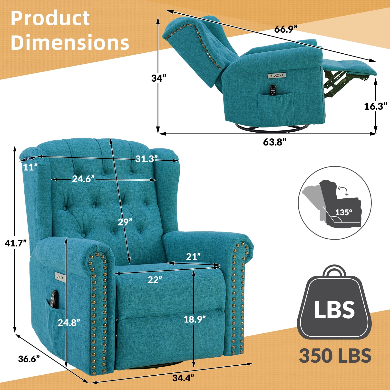 OUINCH Power Swivel Rocking Glider Recliner Chair, Electric Nursery Reclining Sofa Chair with Heat and Massage, Wingback Tufted Upholstered Recliner for Living Room, USB and Type-C Ports, Teal