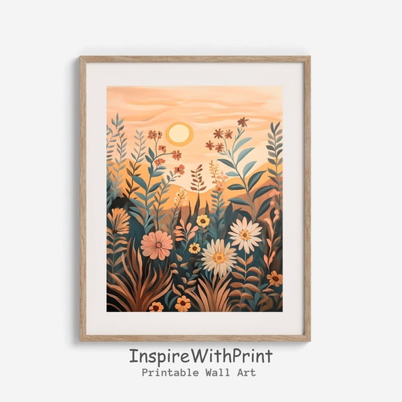 Boho Sun Wall Art, Midcentury Modern Floral Print, Boho Flower Landscape Printable, MCM Wall Decor, Wildflower Field Print, Size 8x12 UNFFRAMED