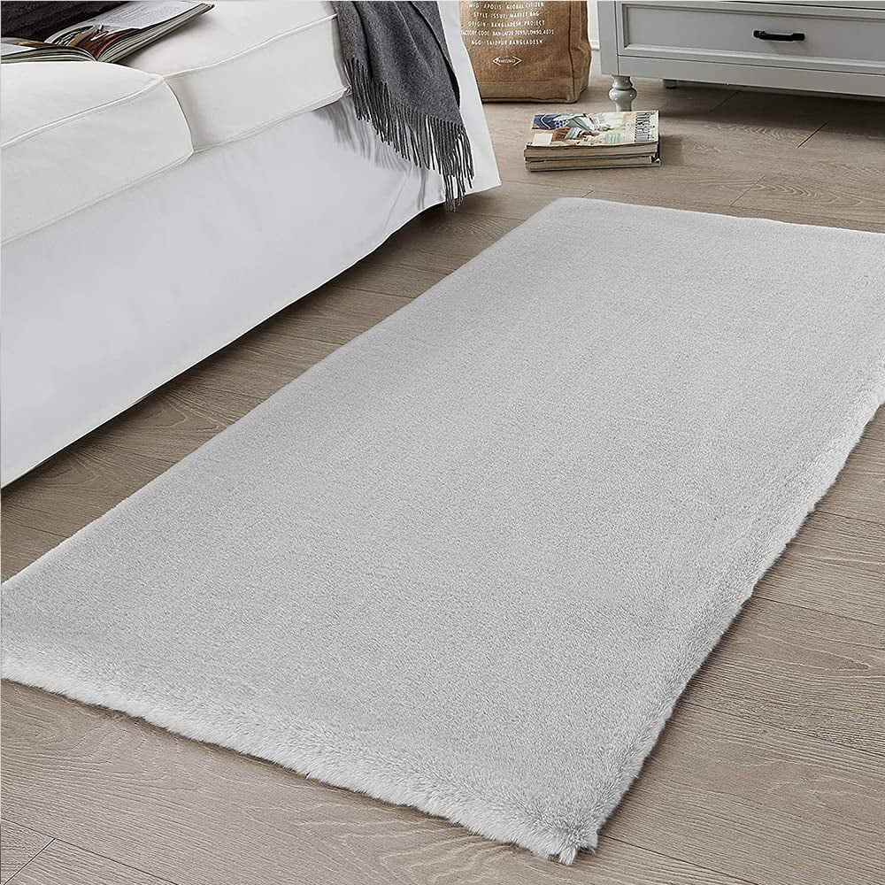 Ghouse 2x6 Soft Grey Faux Fur Rug, Machine Washable Area Rugs for
