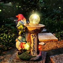 11" Tall Solar Powered LED Lighted Garden Gnome Statue Collectible Figurines with Welcome Fountain, Magic Ball, Outdoor Decorations for Patio, Lawn, Porch