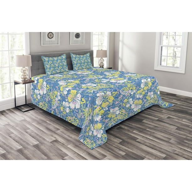 Camouflage Bedspread Set, Hawaiian Pattern Exotic Tropical Hibiscus
