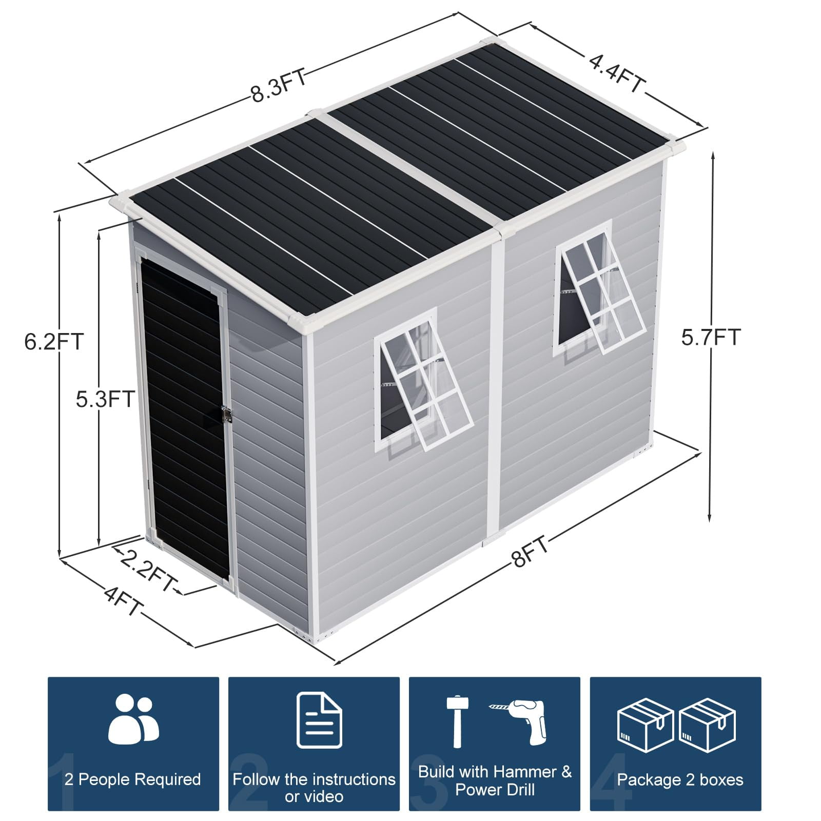 JULY'S SONG 8x4 Outdoor Storage Shed with Floor, Heavy Duty Resin Sheds with Openable Windows & Lockable Doors, Plastic Storage Cabinets for Outside, Grey