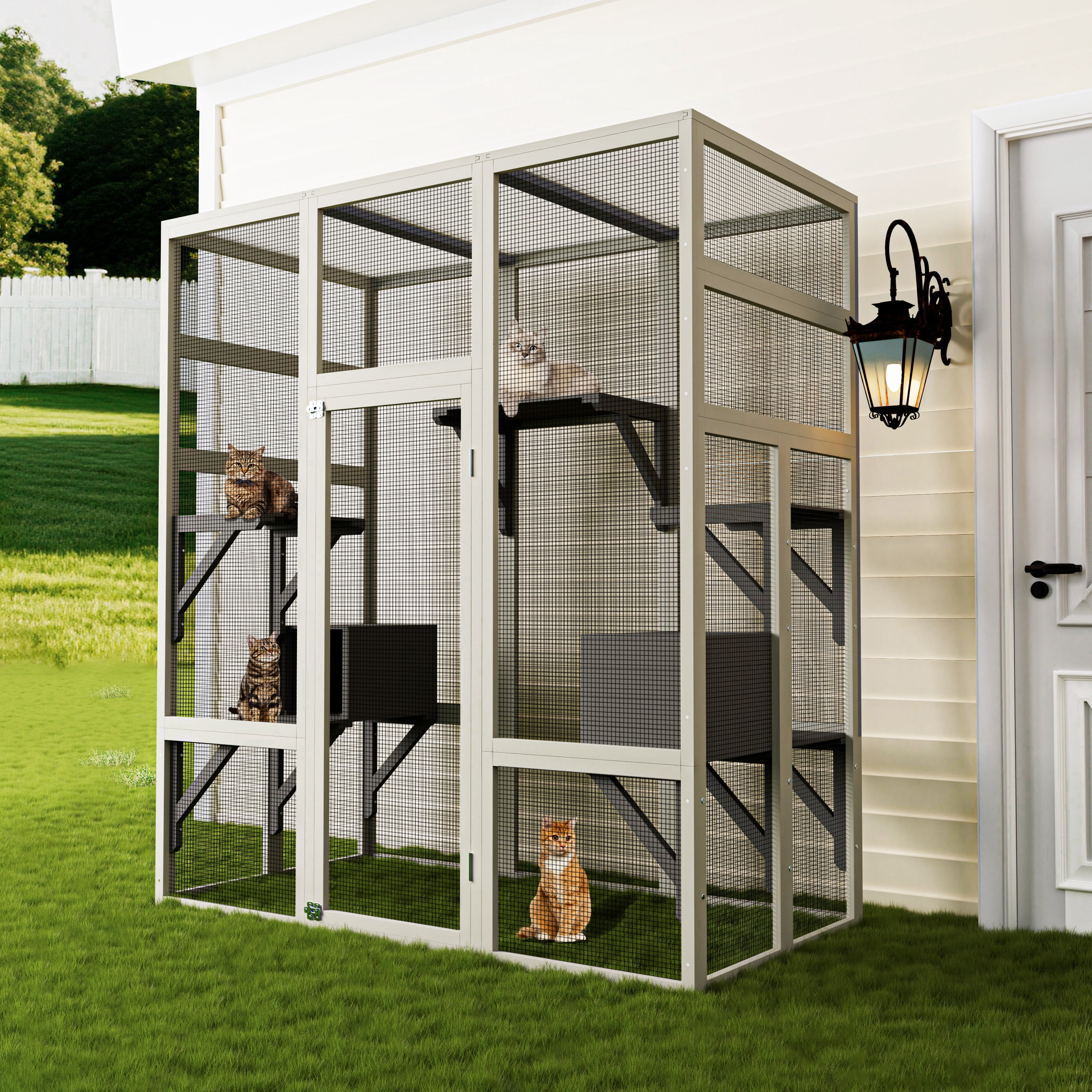 Catio Outdoor Cat Enclosure, large Indoor Wooden 70" Cat House cage with Waterproof Roof & Window Door for Multiple Cats, 2 Napping Houses & 5-Tier Playing Platforms, Gray