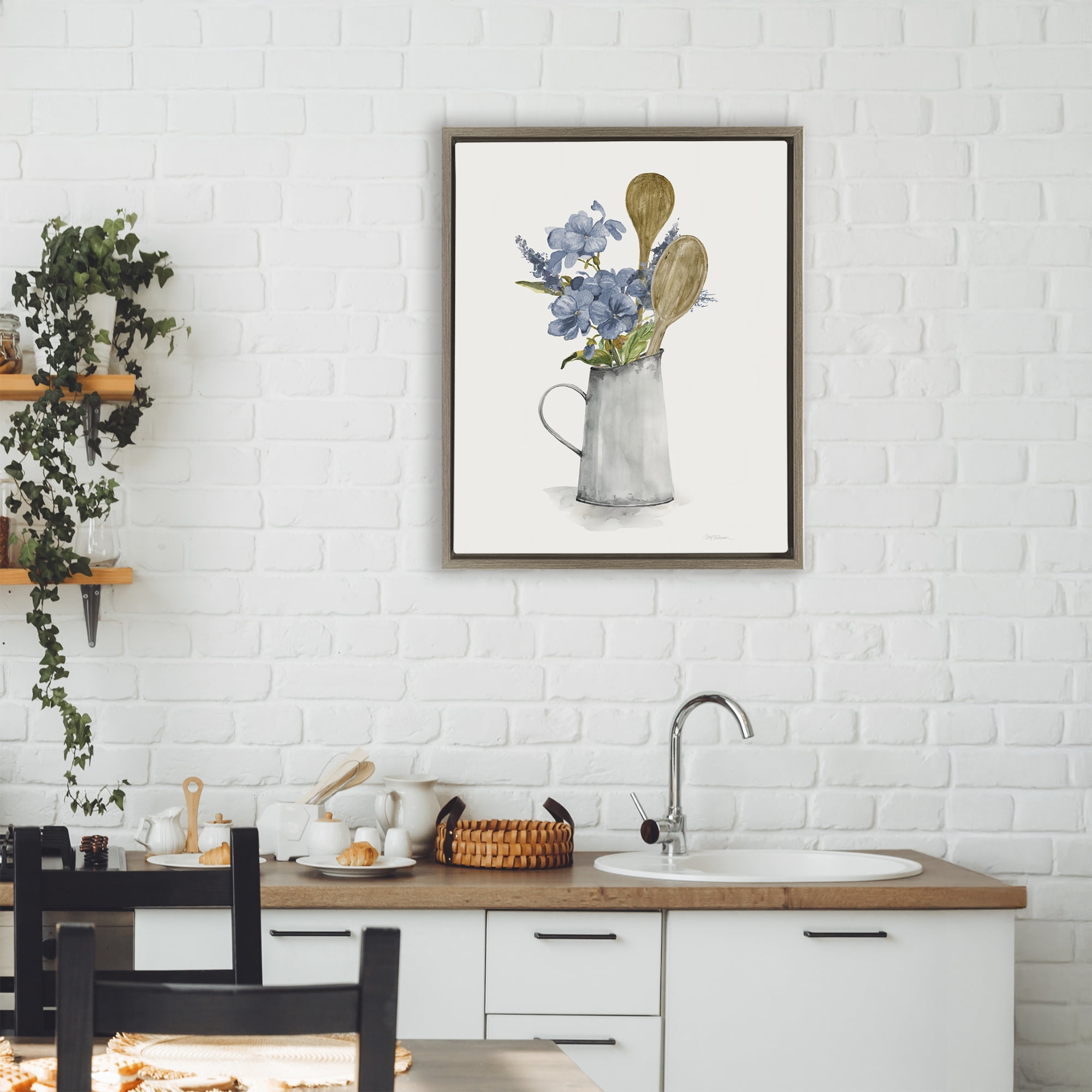 Stupell Industries Kitchen Spoons & Blue Blooms Brown Framed Floater Canvas Wall Art, design by Carol Robinson