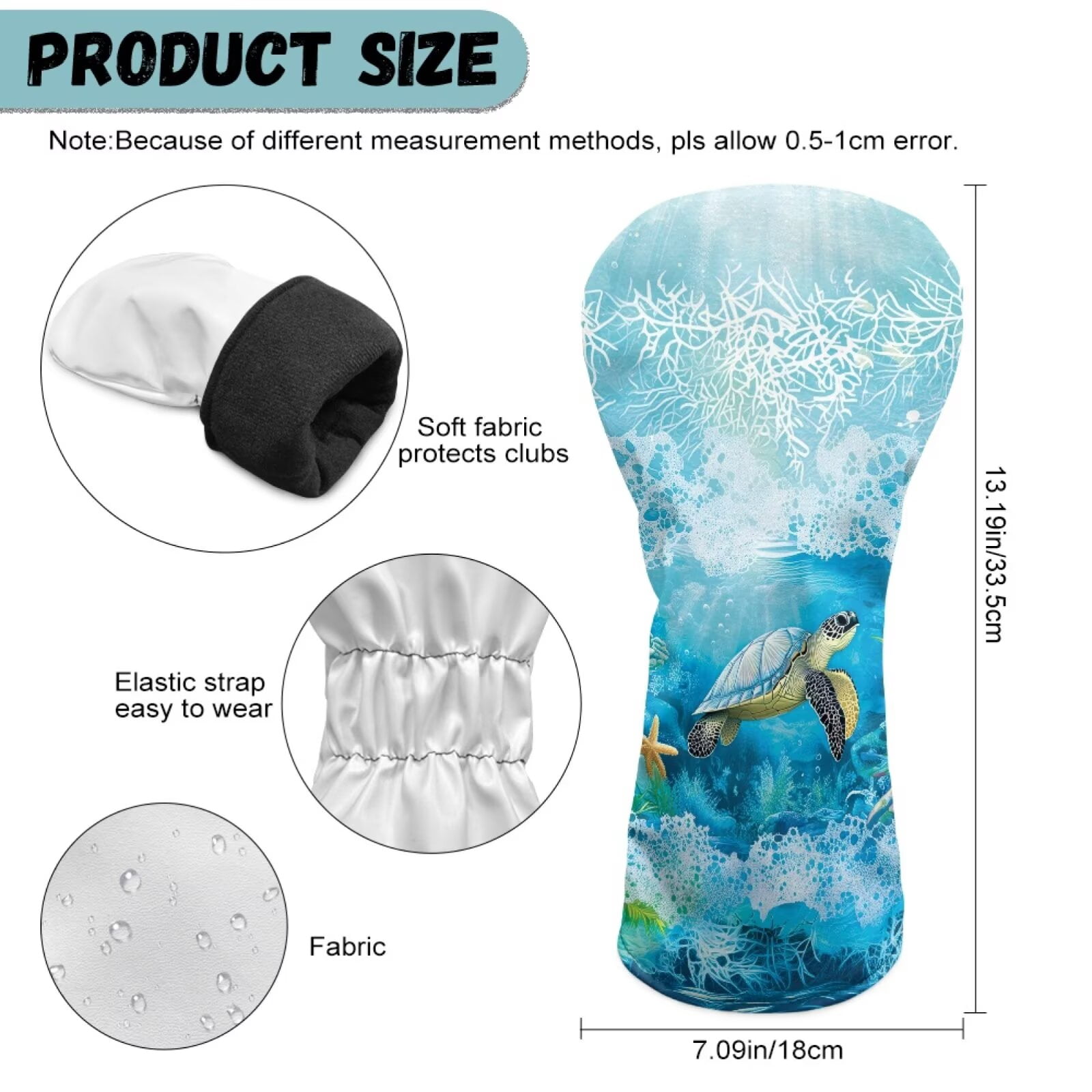 Uorisanigo Golf Club Head Covers Waterproof PU Leather Driver/Fairway/Hybrid Headcovers with Double Elastic Band for Most Brand, Boho Sea Turtle Headcovers for Club Protective