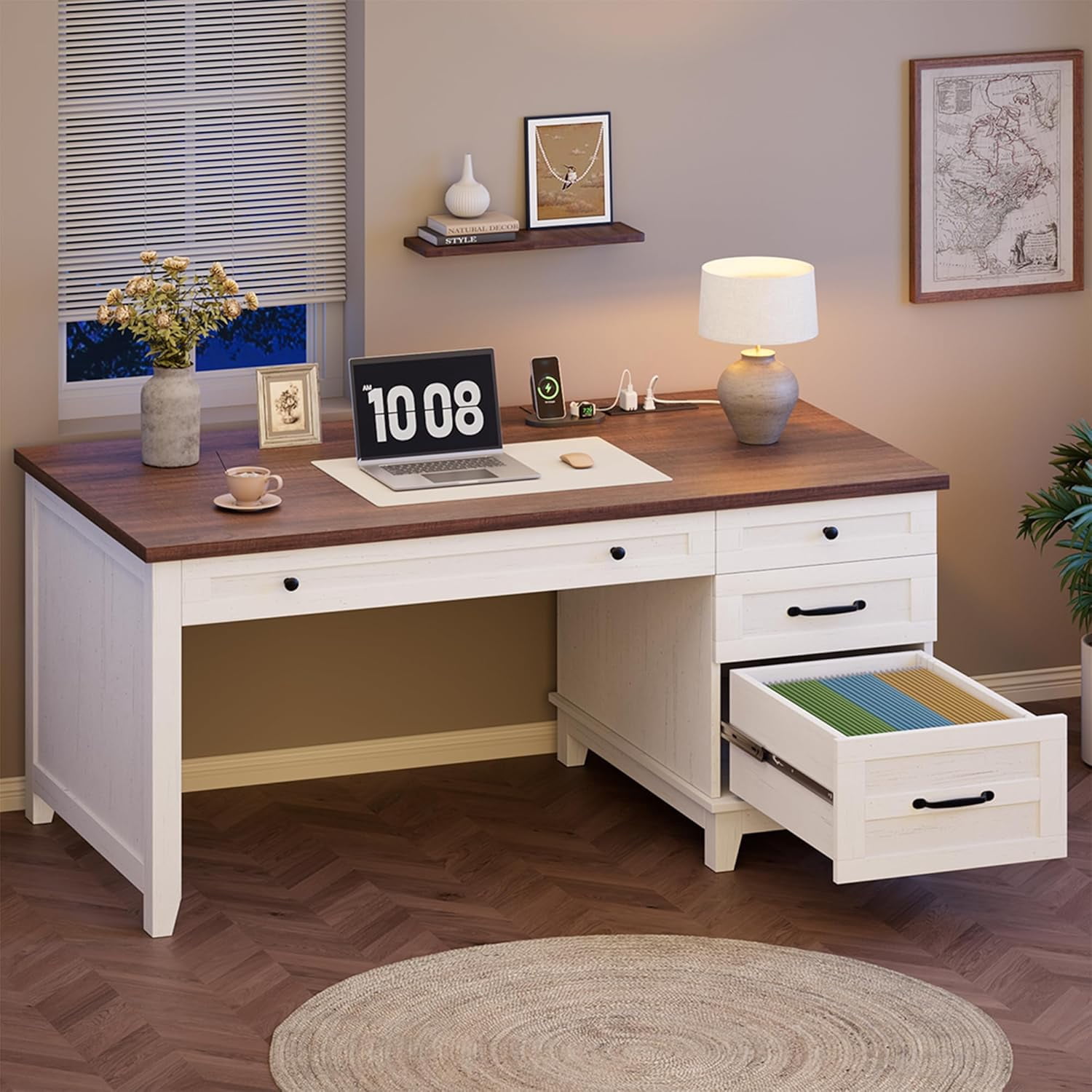 Roromall 53.5" Wooden Executive Desk, Farmhouse Home Office Desk with Drawers & Charging Station, Computer Desk with File Cabinet Storage for Work Study