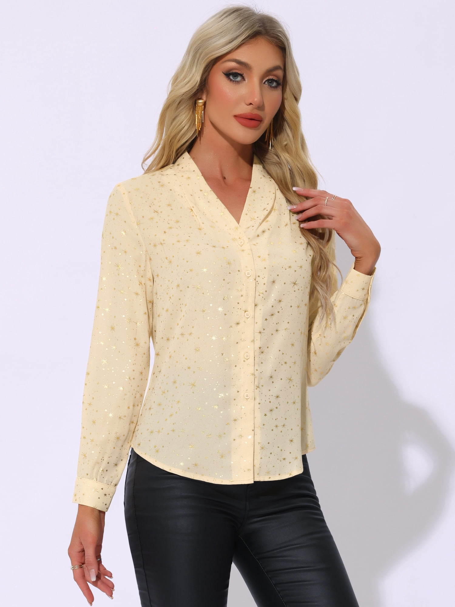 DARING DIVA Stand Collar Metallic Dots Stars Blouse Top M Beige