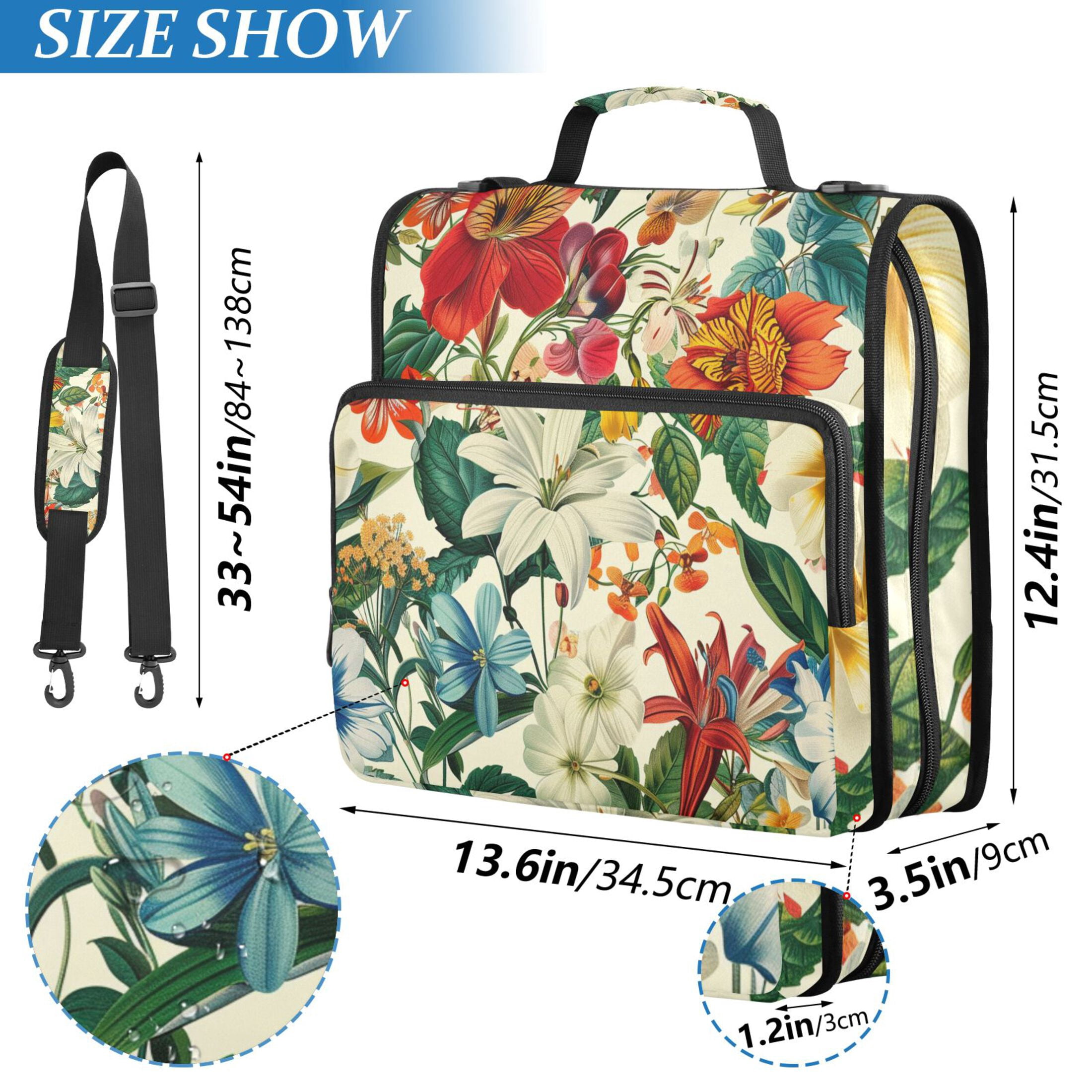 3 Ring Zipper Binder with Shoulder Strap Waterproof Trapper Keeper 2 Inch D-Ring 500 Sheets Capacity Different Flower and Leaf