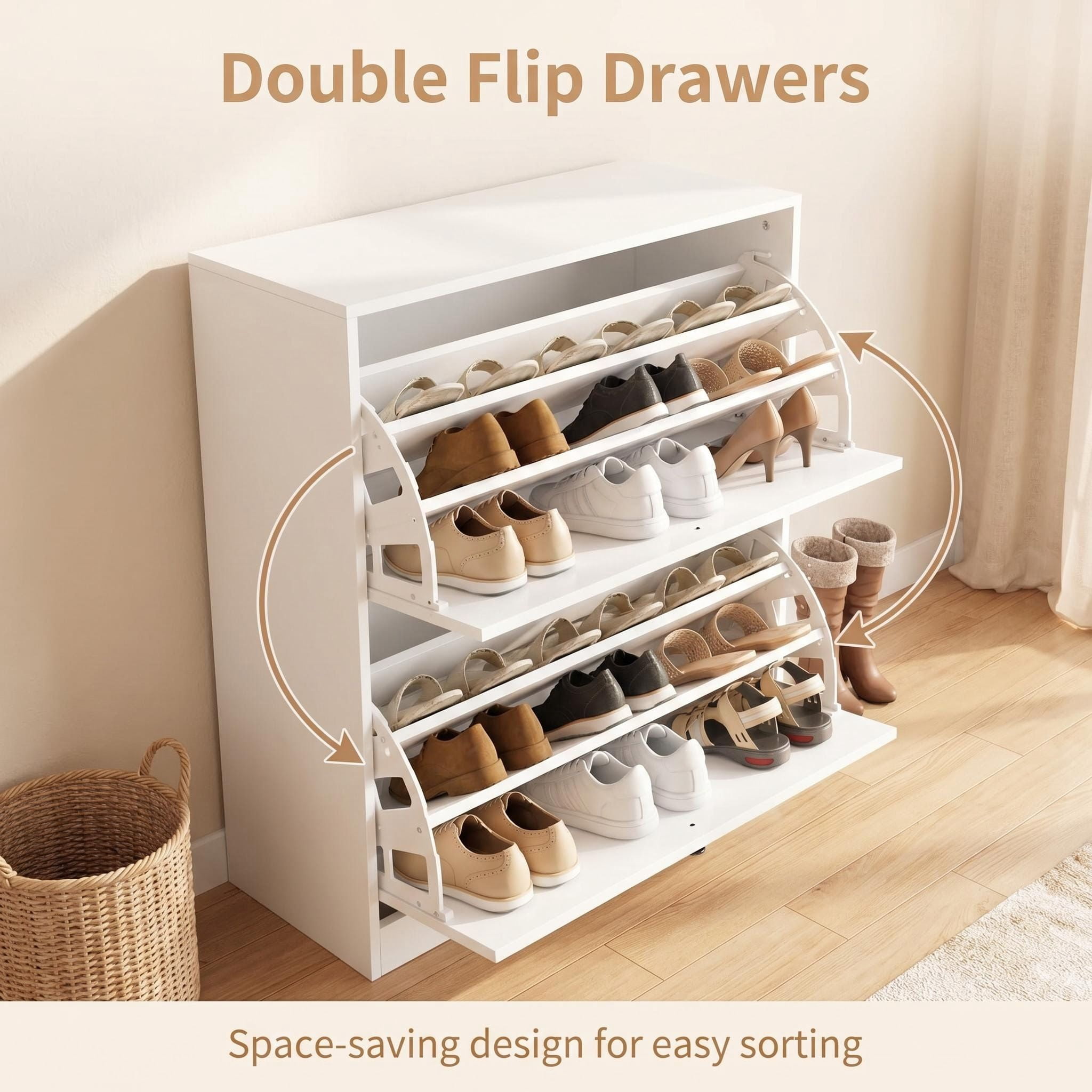 2-Tier Flip Drawer Shoe Storage Cabinet, Slim Space Saving White Shoe Organizer with Anti-Tipping Kit Vent Holes for Entryway Hallway Apartment, Holds 12-15 Pairs