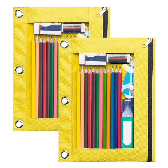 2Pcs Pencil Pouch for 3 Ring Binder, Binder Pencil Case with Smooth Zipper, Clear Window Pencil Case for Binder, Big Capacity 3 Ring Binder Pencil Bag with 3 Reinforced Grommets, 9.6x7.6Inch