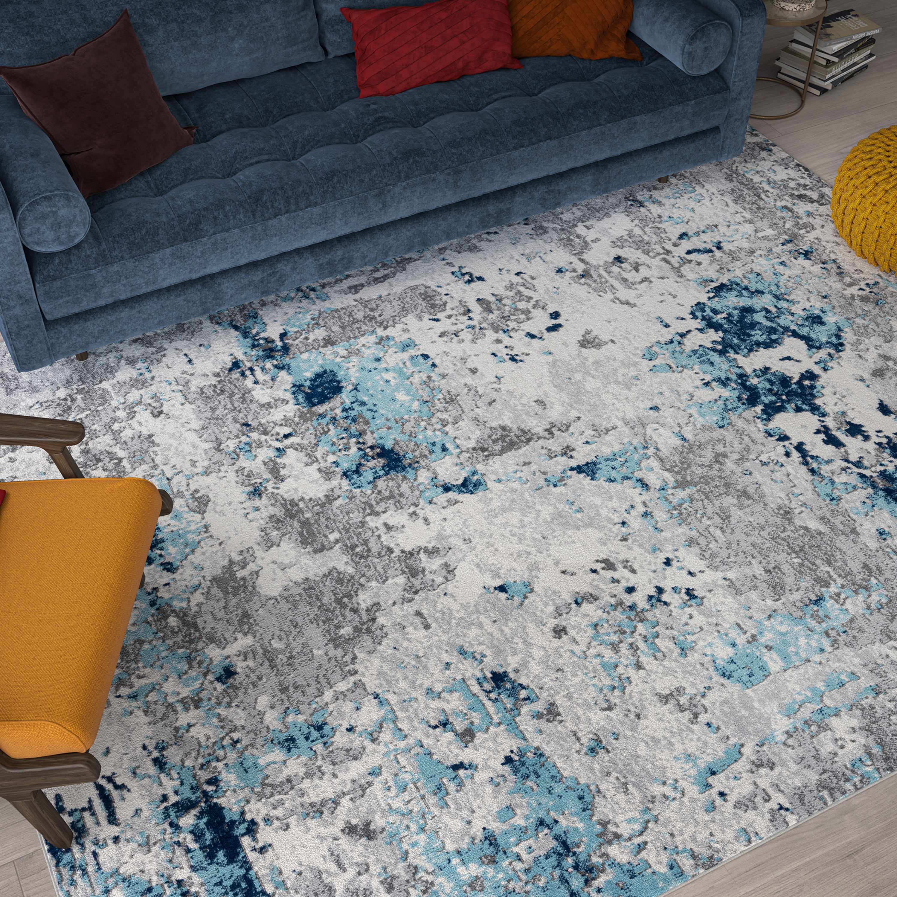 Contemporary 5x8 Area Rug (5'3'' x 7'3'') Abstract Blue, Gray Living Room Easy to Clean