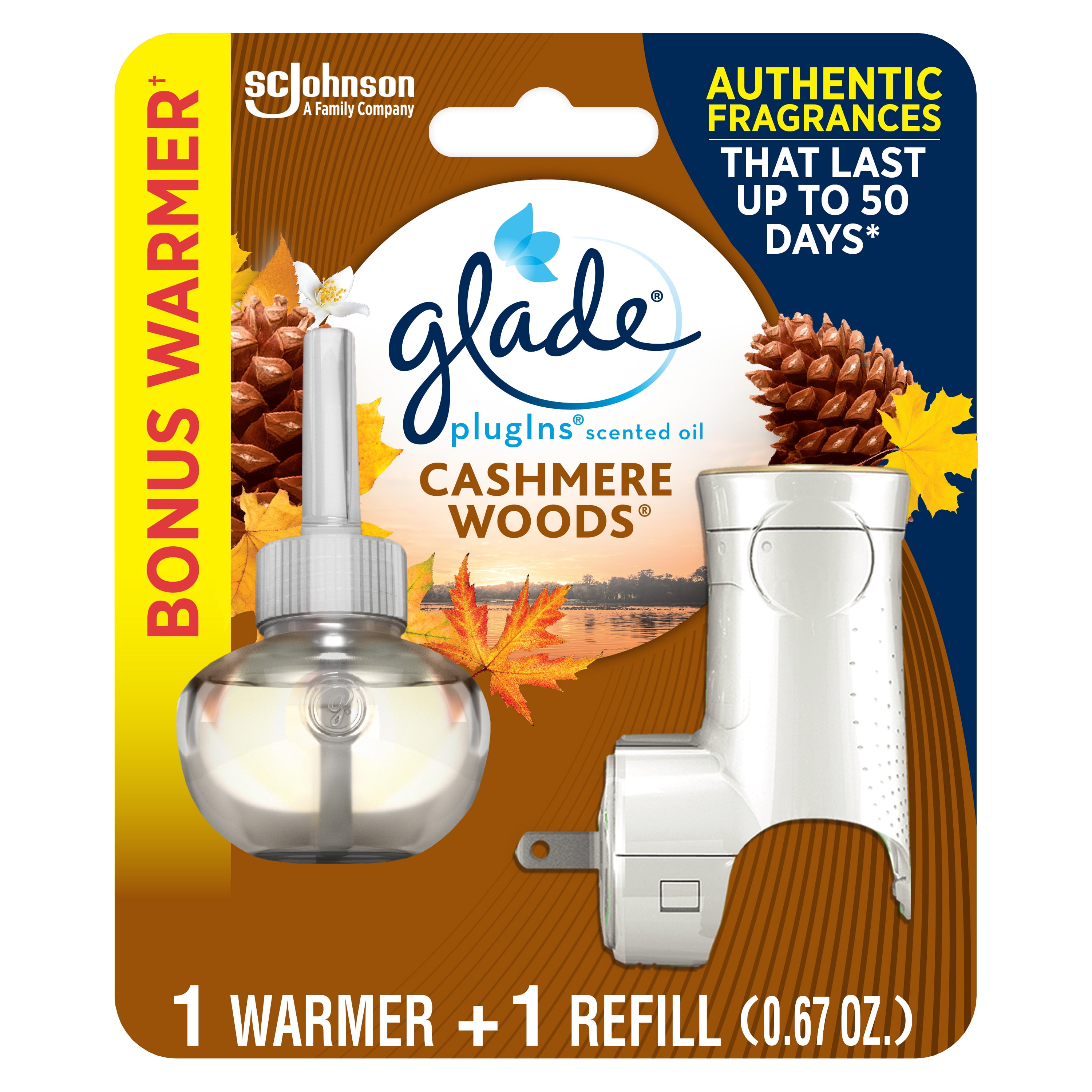 Glade PlugIns 1 Warmer + 1 CT Refill Starter Kit, Cashmere Woods, 0.67