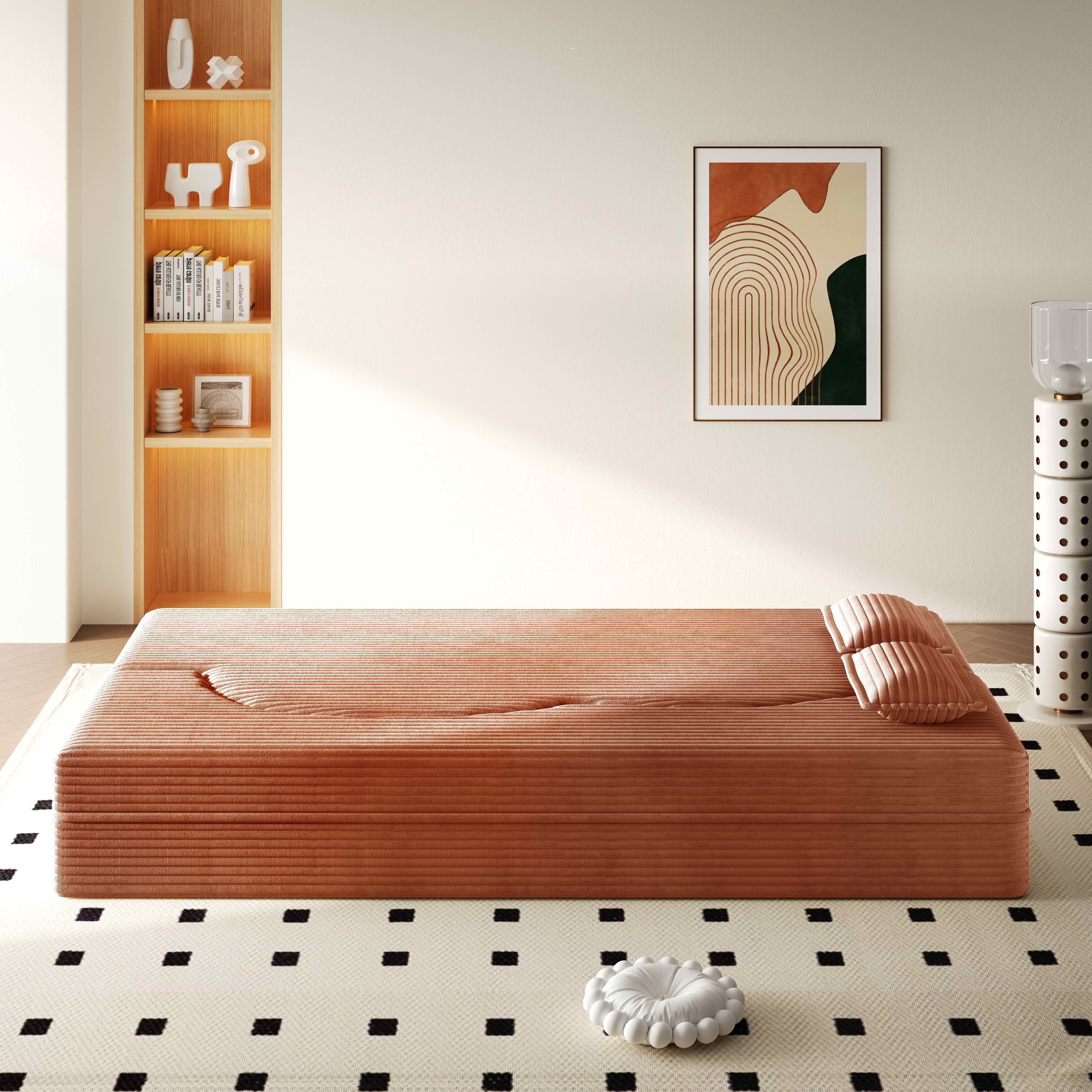 MAYEERTY Twin Corduroy Foldable Foam Floor Sofa Bed, Zero Assembly Vacuum Compressed Sleeper with 2 Pillows