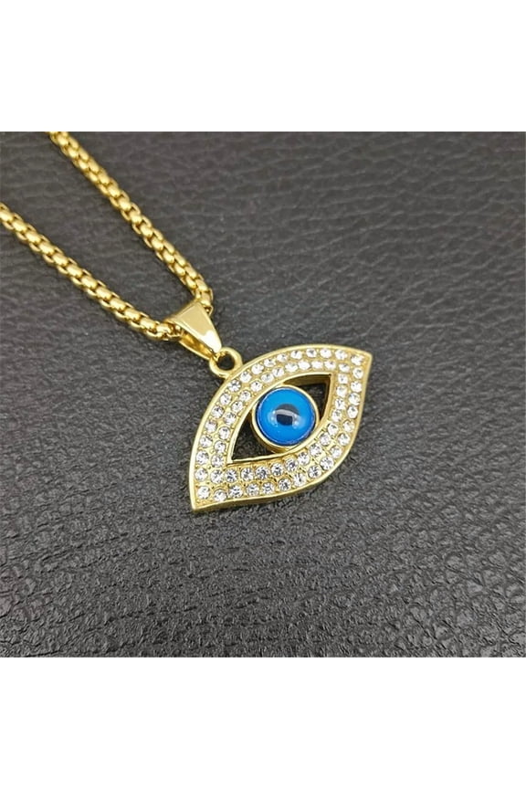 Turkish Eye Pendant With 14K Yellow Gold Chain And Iced Out Bling Rhinestones Amulet Necklace Hip Hop Turkish Jewelry D298