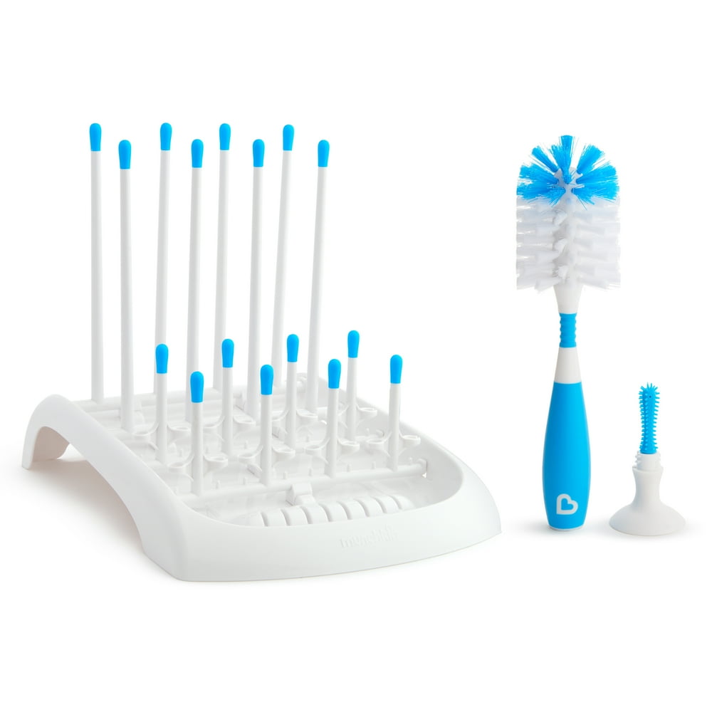 Munchkin Drying Rack and Bristle Bottle Brush Cleaning Set, Blue