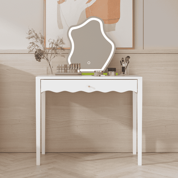 YYAo 35.43" Vanity Desk with Drawer, Modern Makeup Table with Scalloped Front for Bedroom, Compact Writing Desk with Gold Knob, White