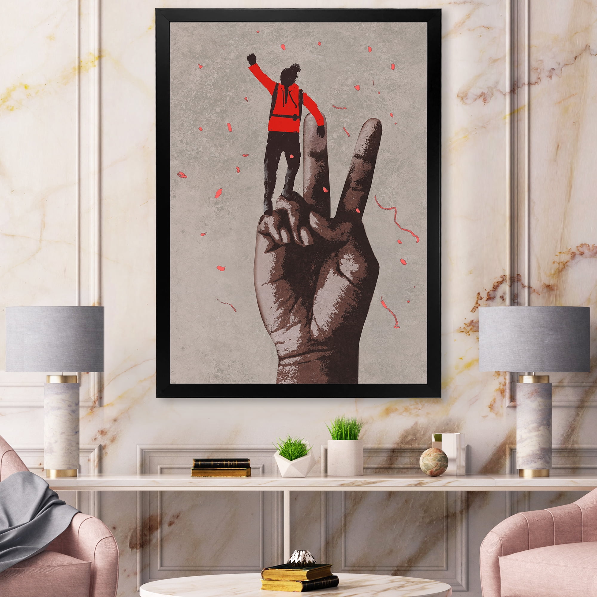 Designart 'Man With Arm Raised On Victory Sign' Modern Framed Art Print