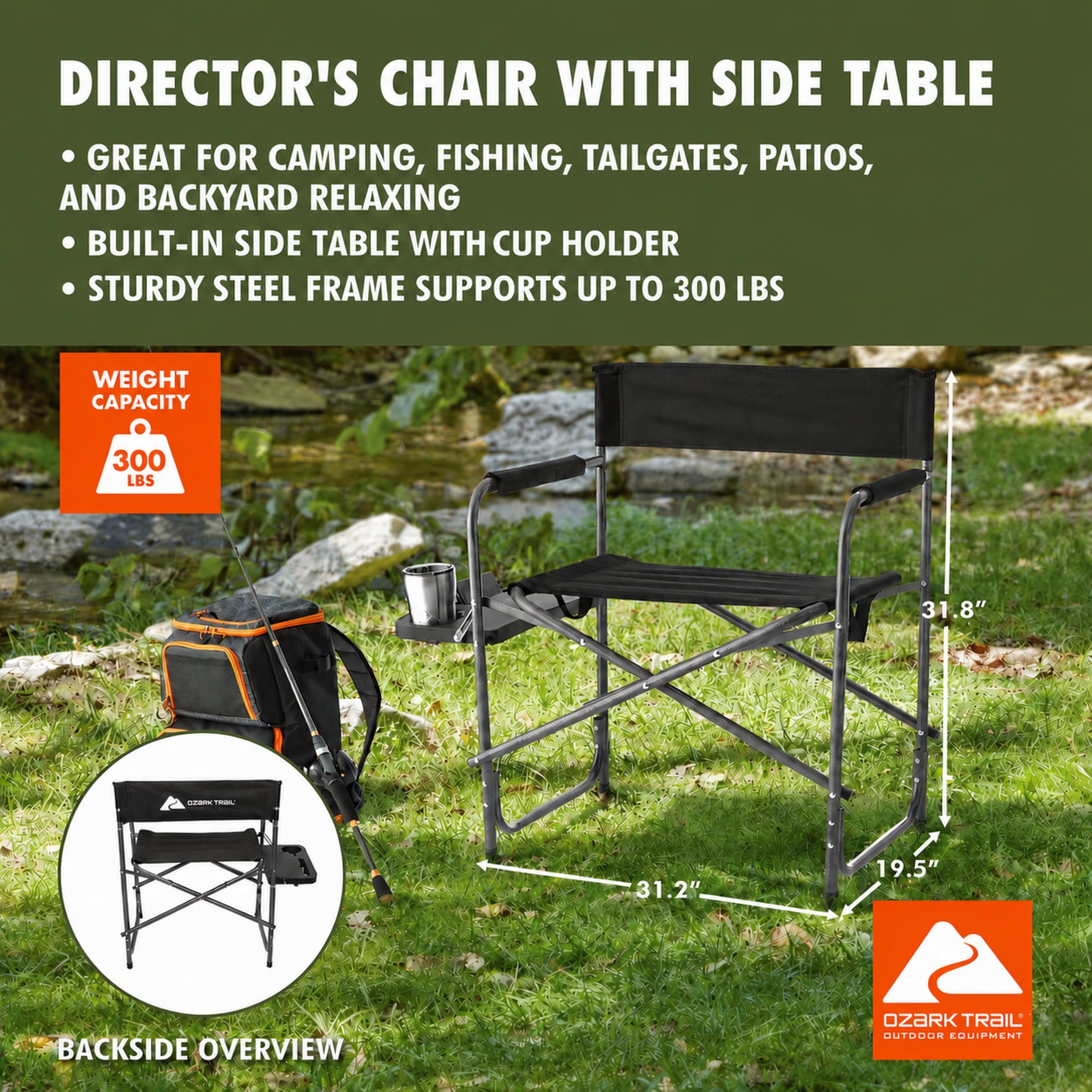 Ozark Trail Director Chair with Side Table, Black