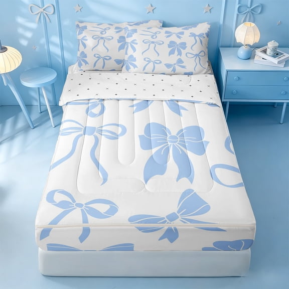 meiyoeat Blue Lovely Bow Zipper Twin Comforter Sets with Fitted Sheet and 2 Pillowcases For Girls,Dreamy Princess Bowknot Zipper Bedding Set For Kids,Reversible,4 Pieces