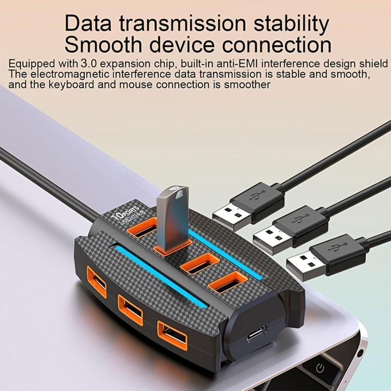 10-Port USB 3.0 Hub with Power Adapter, High-Speed Multi Hub Splitter with 3.9ft Cable, Compact Multiport USB Extension Dock for Desktop, Laptop, Xbox, Camera, Keyborad, Mouse