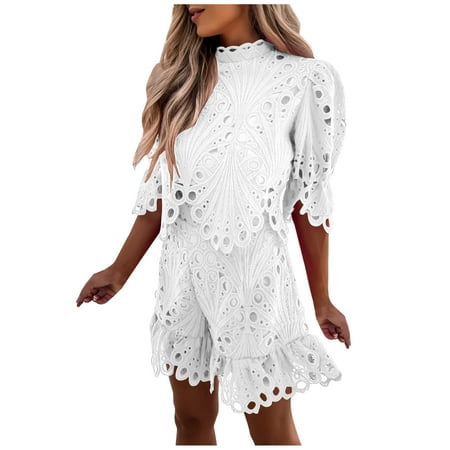 

Ziloco Fashion Women Sexy Summer Lace Round-Neck 1/2 Sleeve Solid Top + Pant Set corsets for women White L