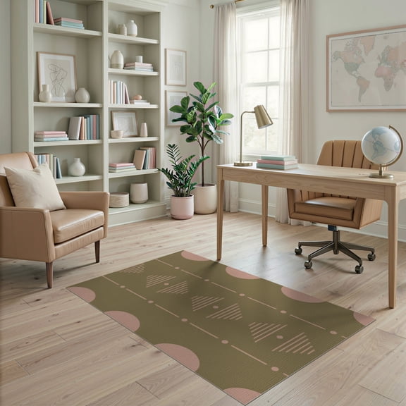 ODIKA 4'x6' Green Pink Geometric Retro Design Washable Area Rug Southwestern Minimalist Style with Symmetry for Home Office, Under Desk, Non-Slip Chair-Friendly, Flatwoven