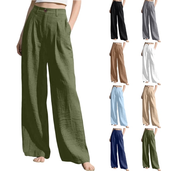 Womens Casual Wide Leg Solid Color Pants, High Waisted Button Down Straight Long Trousers Palazzo Pants, Plain Trendy Beach Casual Going Out Womens Pants Army Green L