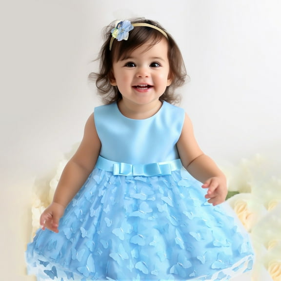 Girls Dresses Girls Flower Girl Dress Sleeveless Tulle Dress Girl Party Dress Kids Blue Dress for Girls Toddler Ball Gowns Girls Birthday Dress 12-18 Months