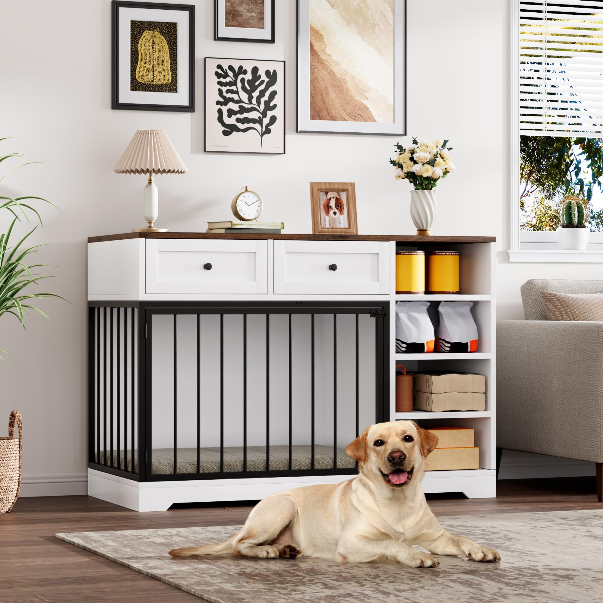 PYY Versatile 47.2" Dog Crate Furniture – 2 Drawers & 4 Shelves, Wooden Indoor Kennel TV Stand, Pet Bed for Small, Medium, Large Dogs, Home Office – Classic Color + White