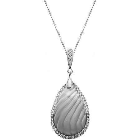 5th & Main Rhodium-Plated Sterling Silver Wavy Light Grey Grounded White Teardrop with Swarovski Trim Crystal Pendant Necklace
