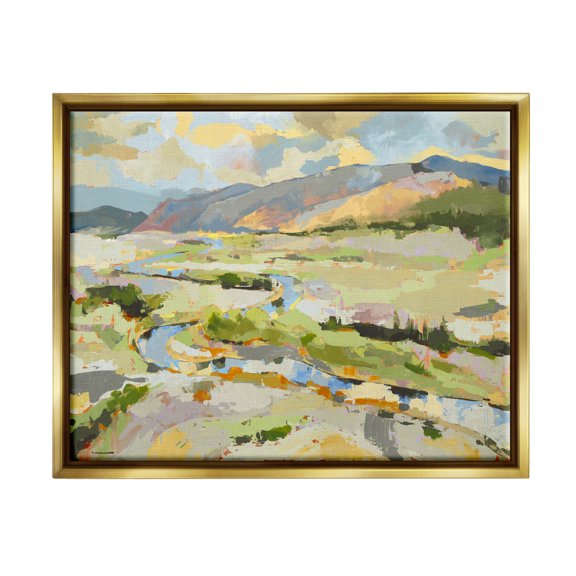 Lush Green Mountain Landscape Abstract Painting Metallic Gold Framed Art Print Wall Art