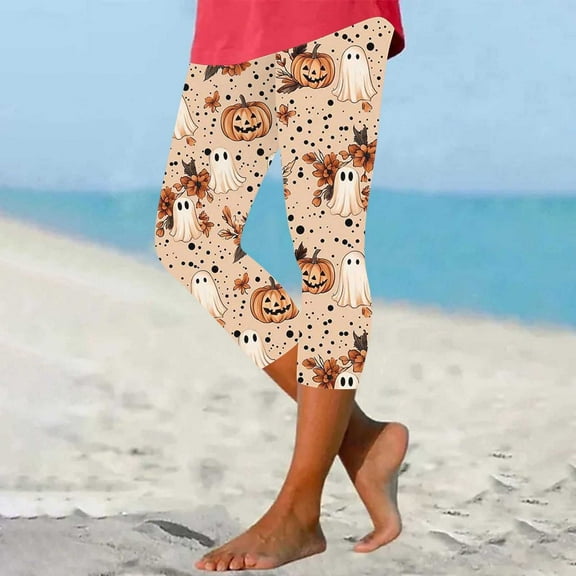 Elvqul Womens Capris Halloween Leggings Trendy Plus Size Halloween Pull on Capris for Women High Waisted