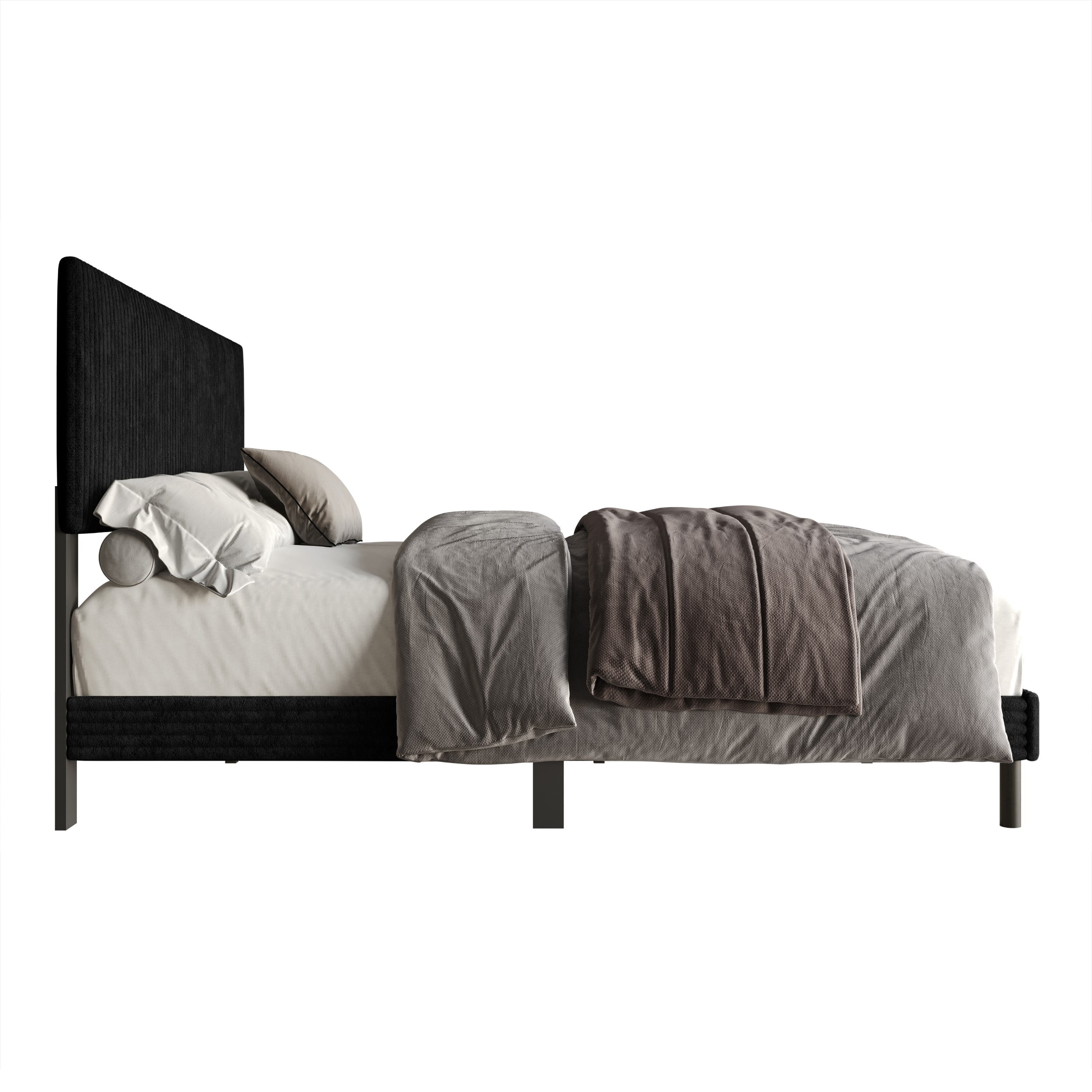 Home Design Osceola Full Luxurious Corduroy Upholstered Panel Bed Frame for Adult, Black, Easy Assembly, Box Spring Required (Sold Separately)