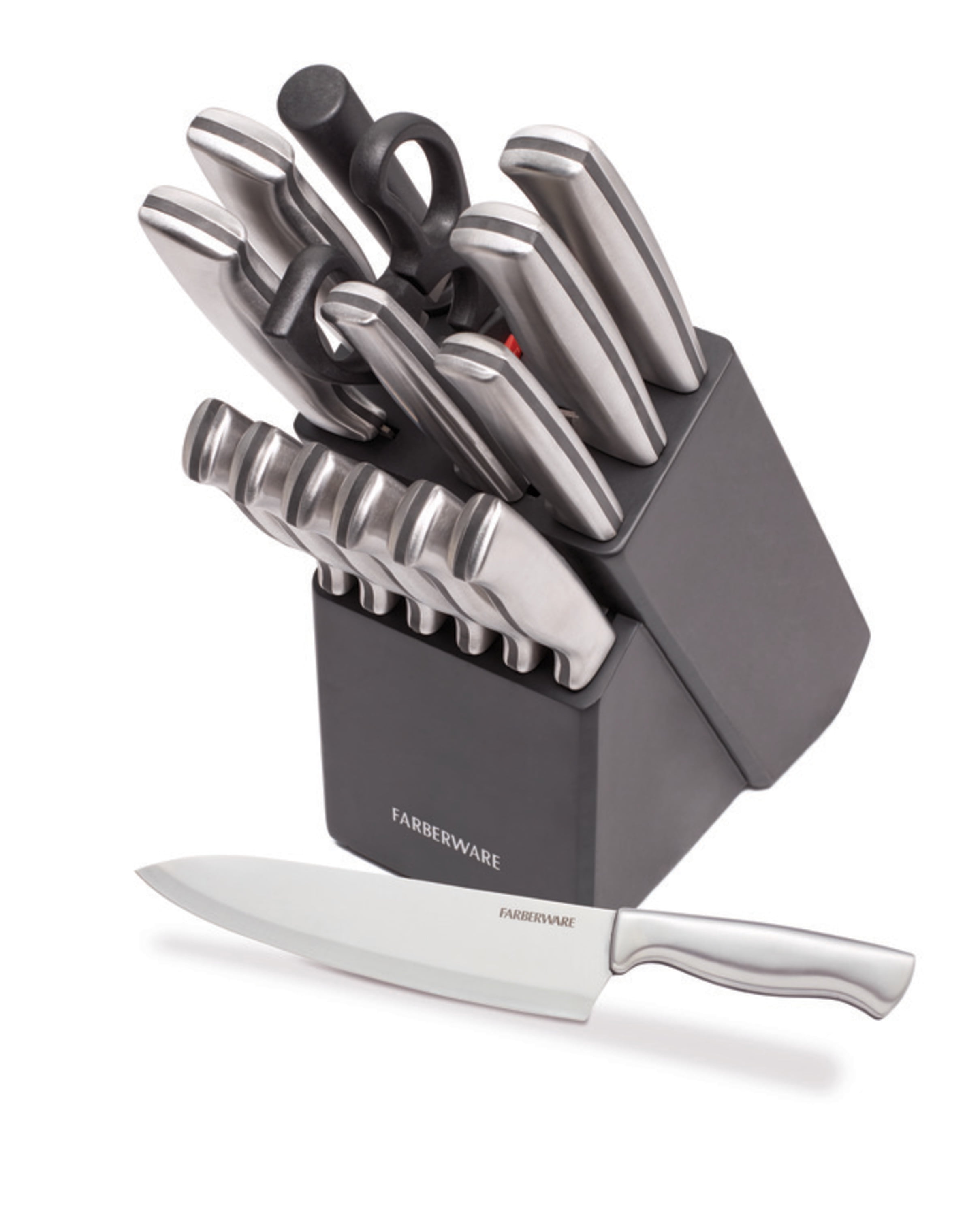 Farberware 5152497 15-Piece High-Carbon Stamped Stainless Steel Kitchen  Knife Set with Wood Block, Steak Knives, Razor-Sharp, Black