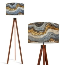 Wood Tripod Floor Lamp, Mid Century Wood Standing Lamp with 3 Color Temperature Dimmable Standing for Living Room, Bedroom, Office Blue Gold Marble Abstract White Modern Flaxen Lamp Shade