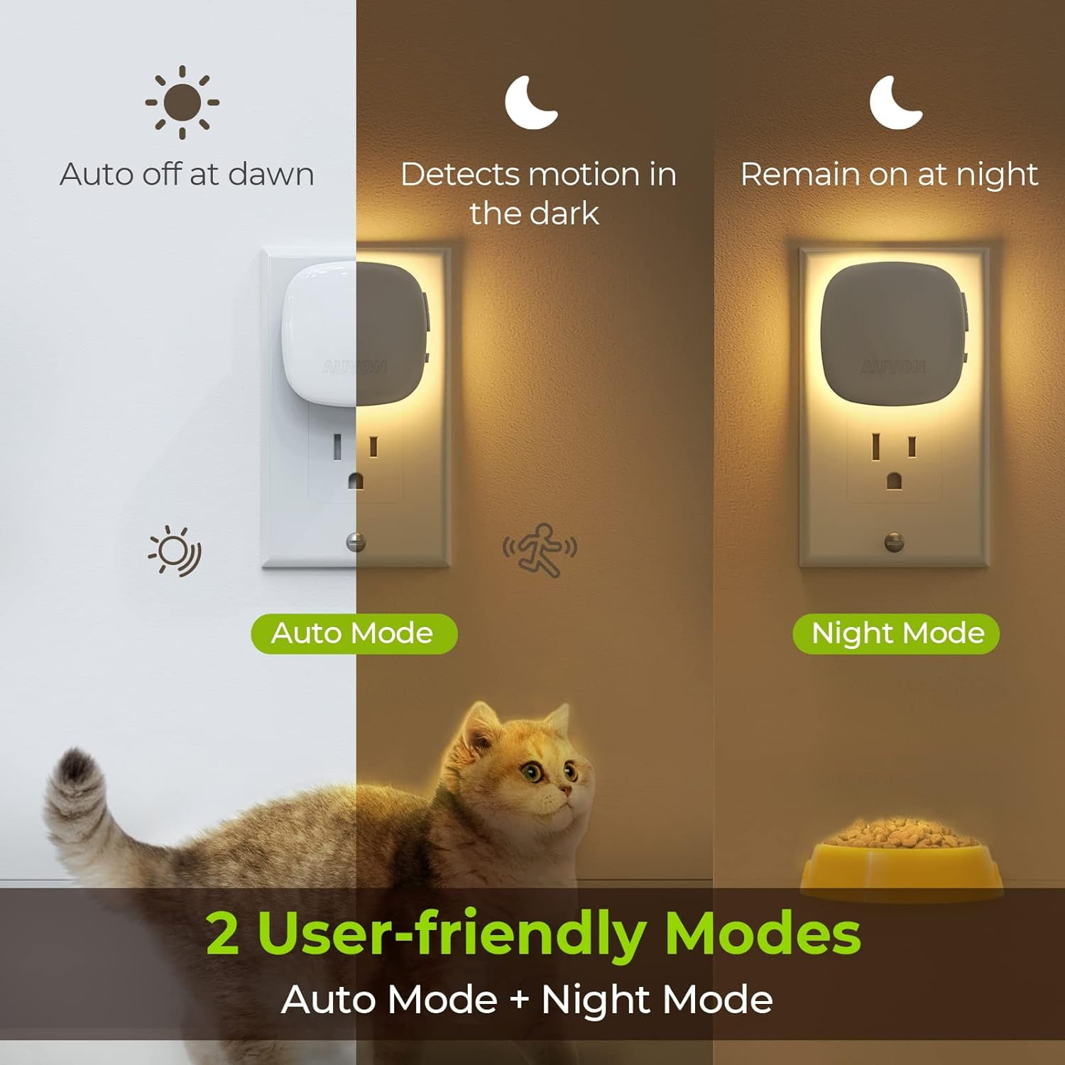 Plug-in LED Backlit Night Light with Motion Sensor & Dusk to Dawn Sensor, Dimmable Warm White Nightlight with 1-50 lm Adjustable Brightness for Bedroom, Bathroom, Stairs, Hallway (4 Pack)
